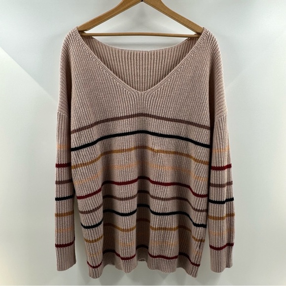 Sweaters - Beige V‑Neck Sweater w/ Black, Brown & Tan Stripes – Size XL